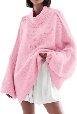 Saodimallsu Womens Oversized Sweaters Mock Neck Batwing Long Sleeve 2025 Fall Trendy Ribbed Knit Casual Tunic Sweater Pink X-Large