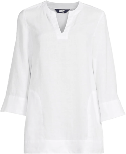 Lands' End Womens Linen Split Neck 3Q Tunic White Regular Medium