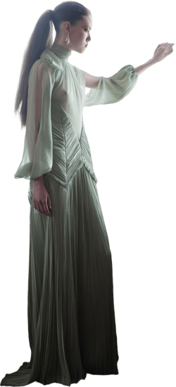 Hand Pleated Seafoam Green Silk Mousseline Gown with Bow Tie and Blouson Sleeves