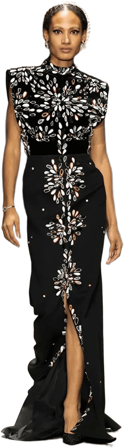 Black Kala Velvet and Cady Gown with Sashi Mirror Embroidery