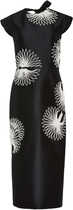Bugle Beaded Fan Embroidered Silk Midi Dress