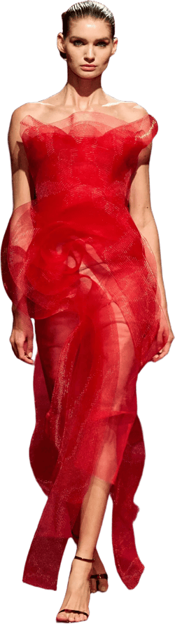 Red Strapless Horsehair Ruffle Midi Dress