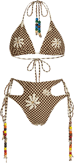 Checkered Bikini Waffle Print with Vintage Beads on Straps