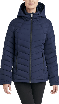 HFX Women's Short Stretch Quilted Jacket Front Zipper Hand Pockets Water Resistant 26" Coat X-Large Midnight Navy