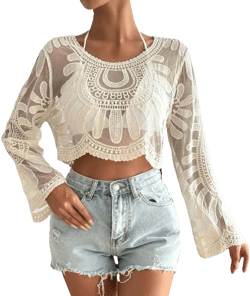 Women's Floral Embroidered Semi-Sheer Cover up Long Sleeve Round Neck Boho Lace Top for Women Sheer Beach Coverup Mesh Design Apricot One Size