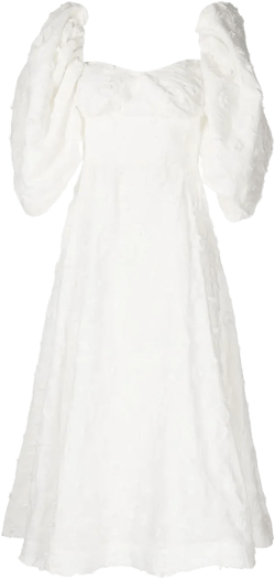 puff-sleeve floral-embroidered midi dress