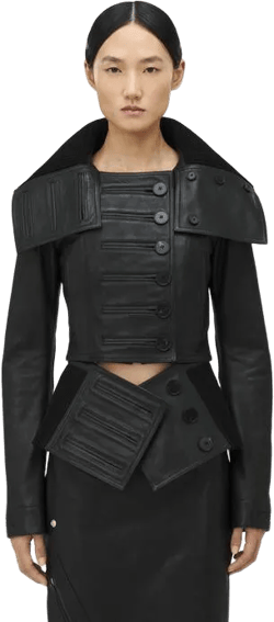 Exaggerated Buttonhole Leather Jacket in Black