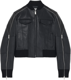 Zip Detail Leather Bomber Jacket in Black