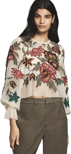 The Layla Long-Sleeve Appliqué Mesh Blouse