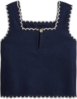 Girls' scallop-trim tank top in linen-cotton blend