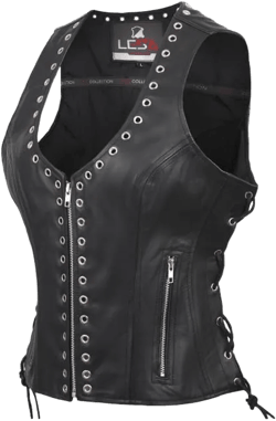 Riveted Design Black Leather Vest Women with Side Laces Large Black