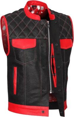 WEAR&ONE'S Men's Black and Red Quilted Leather Vest with Zipper Front