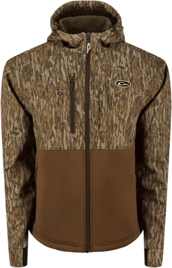 Drake Waterfowl Men's MST Hole Shot Hooded Windproof Eqwader 3-Layer Warm Sherpa-Lined Full Zip Hunting Jacket, Mossy Oak Bottomland Two-Tone, Small