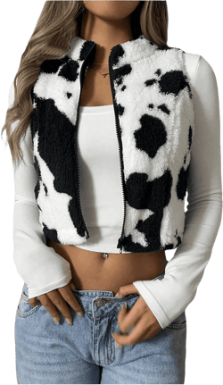 Women's Y2k Leopard Print Cropped Vest Jacket Zip Up Fuzzy Sleeveless Cheetah Outwear