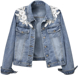 Women Floral Appliqued Short Denim Jackets Embroidery Pearl Beading Jean Coat