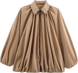 Women's Puffed Bomber Jacket Batwing Sleeves Lapel Collar Zip Front Pleated Oversized Shirts Trendy Lightweight Suede Blouse #00 Khaki Medium