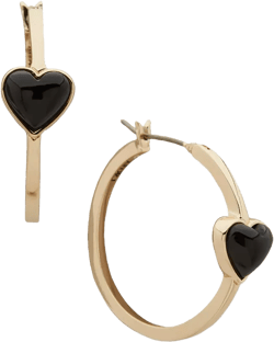 Gold-Tone Black Heart Stone Small Hoop Earrings, 0.85"