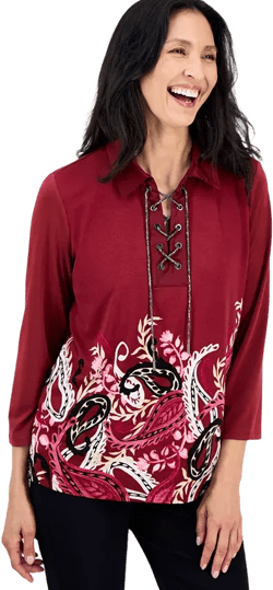 Petite Trailing Paisley Printed Lace-Up Top, Macy's Exclusive