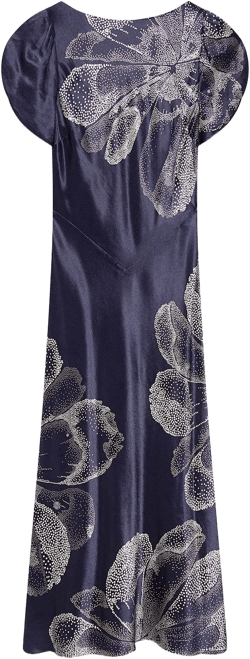 Navy Floral Print Satin Midi Dress