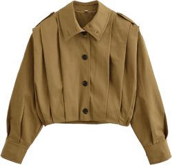 Women's Cropped Pleated Jacket Long Sleeve Collared Button Down Casual Short Trench Coat Spring Fall Outerwear Olive Green Small