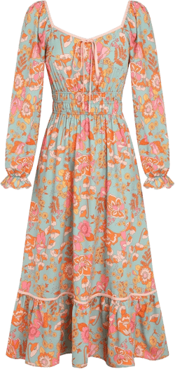 ZAFUL Women's 2025 Long Sleeve Square Neck Fall Boho Floral Midi Dress High Waist Flowy A Line Tiered Wedding Guest Dresses Orange-yellow Flowers Large