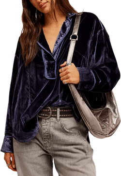 Women's Luxy Collared Long-Sleeve Velvet Blouse