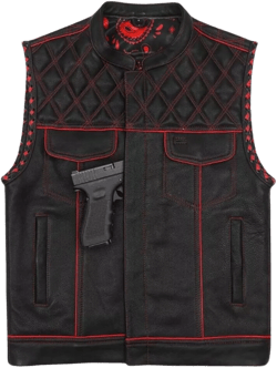 MEN'S BLACK LEATHER MOTORCYCLE VEST – DIAMOND STITCHED CONCEALED CARRY WAISTCOAT WITH RED LINING L One Size Red - Black