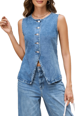 Women Denim Vest Button Down Denim Long Vest Top Sleeveless Jean Waistcoat Light Blue Medium