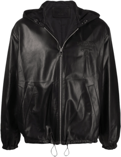 Debossed-logo Hooded Leather Jacket In Black