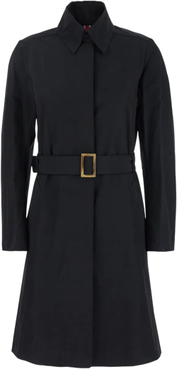 Black Trench Coat With Classic Collar And Adjustable Belt