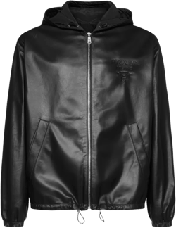 Debossed-logo Hooded Leather Jacket In Black