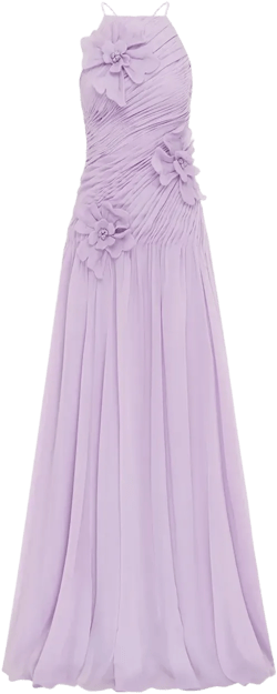 pleated-detail floral-appliqué maxi dress