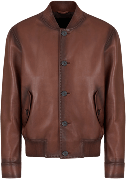 Regular Fit Button Front Leather Bomber Jacket In Brown