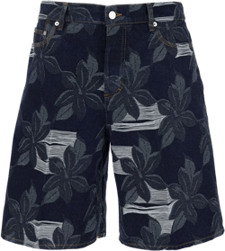 Blue Bermuda Shorts With All-over Floral Embroidery And Logo Patch On The Back In Denim Man In Multicolor