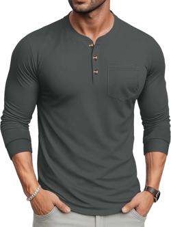 MAGCOMSEN Men's Henley Long Sleeve Shirt Cotton Lightweight Tee Shirts Casual Basic Tees with Pocket XX-Large Dark Grey