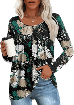 Anymeet Long Sleeve Tunic Top for Women 2025 Spring Casual Pleated Shirts Hide Belly Blouse for Leggings M-3XL Magnolia-black XX-Large