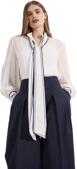 Archive Collection - Petite Balloon Sleeve Contrast Stitch Bow Woven Blouse | Karen Millen