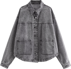 Womens Denim Jacket Button Up Jean Coat Collared Neck MidLong Solid Fashion Trucker Jacket with Pocket Casual Top