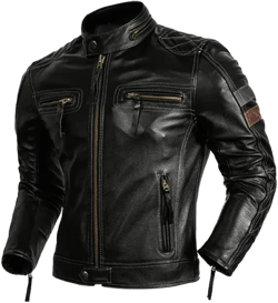 Men’s Black Genuine Cowhide Leather Biker Jacket – Stand Collar, Multi-Zipper Moto Rider Design, and Classic Style