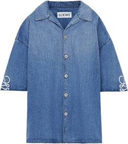 Men's Washed Denim Anagram-Sleeve Camp Shirt