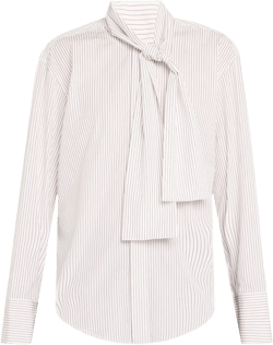 Stripe Scarf-Neck Button Down Blouse