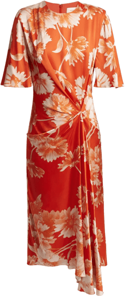 Floral Draped Asymmetric Satin Midi Dress