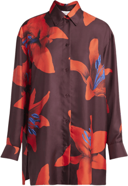 Long-Sleeve Lily-Print Silk Button-Down Shirt