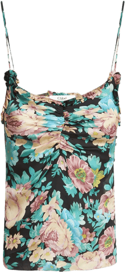 Floral Ruched Ruffle-Trim Silk Tank Top