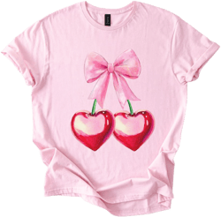 Y2K Cherry Heart T-Shirt with Pink Bow | Cute Kawaii Aesthetic Graphic Tee | Soft Girl Fruit Shirt | Retro Y2K Style Gildan Tee for Women