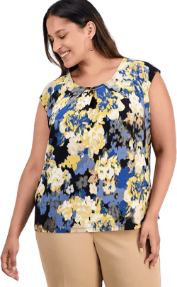 Plus Size Sleeveless Pleat-Neck Blouse