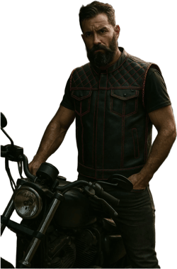 Elegant Black Leather Vest – Edgy Sleeveless Design with Braided Armholes, Quilted Shoulders, and Bold Red Lining