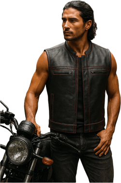 Black Leather Vest – Bold Sleeveless Look with Red Accents, Hidden Zipper, and Padded Shoulders
