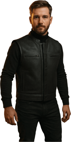 Textured Black Leather Vest – Edgy Sleeveless Design with Zippered Pockets and Perforated Panels