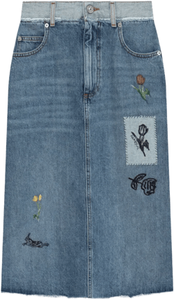 embroidered-floral denim midi skirt
